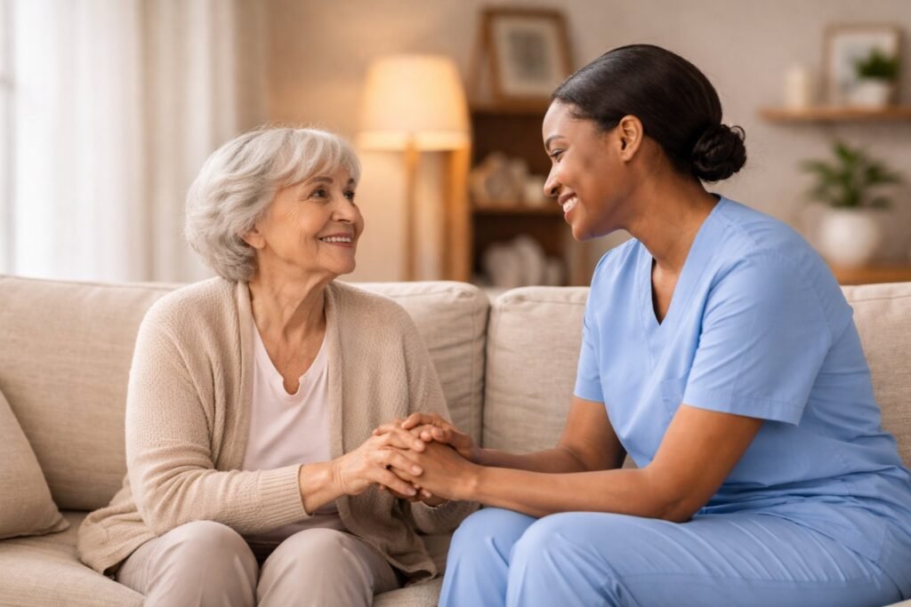 Compassionate caregiver supporting elderly woman with dementia at home in Ontario, Canada