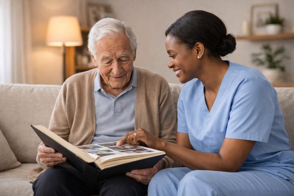 Caregiver helping elderly man with dementia recall memories using photo album at home in Ontario